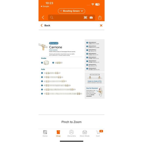 Amerock BP36650MWCZ Carrione 6-5/16” 160mm C To C Bar Cabinet Pull Marble NIB - Picture 4 of 5